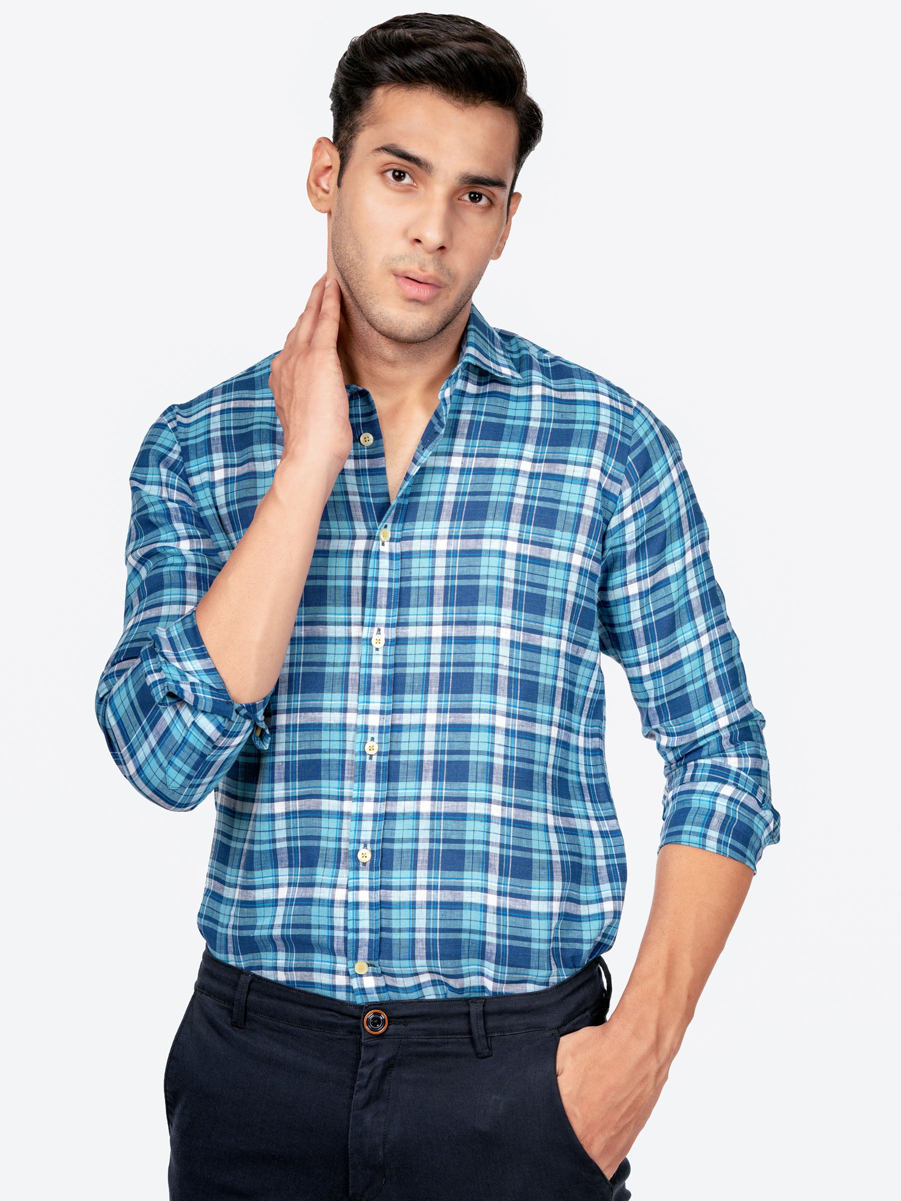 Blue 100% Linen Checkered Shirt