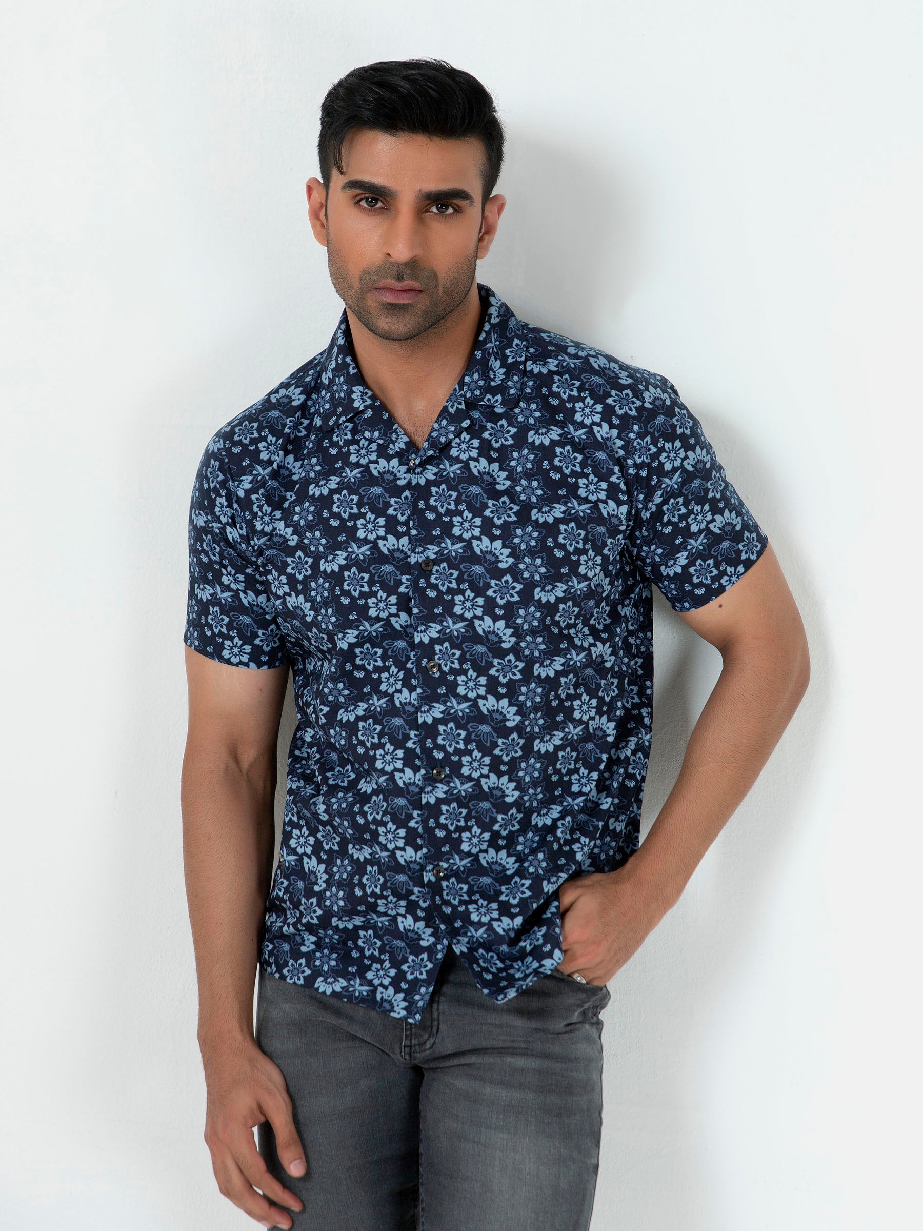 Blue Floral Printed Half Sleeve Cuban Collar Shirt