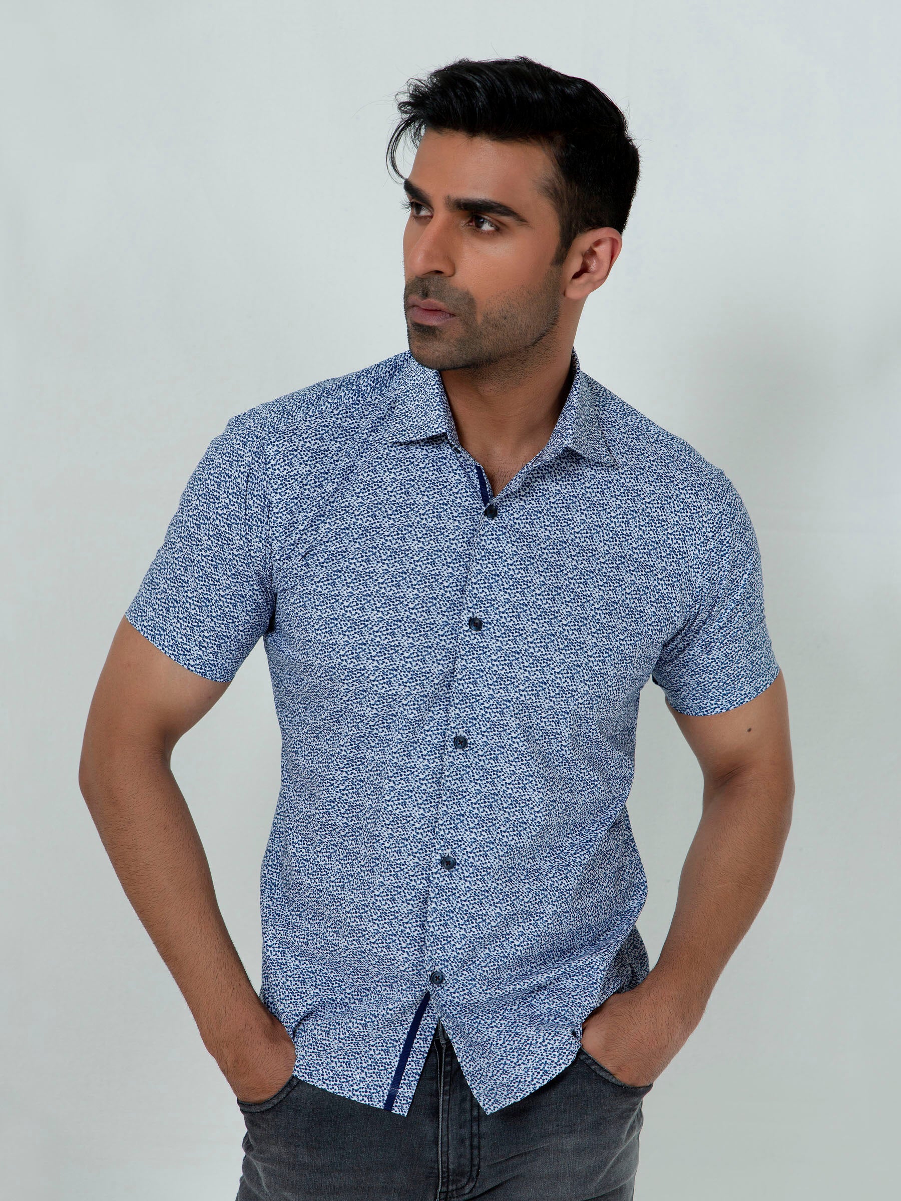 Blue Printed Half Sleeve Shirt With Shallow Collar