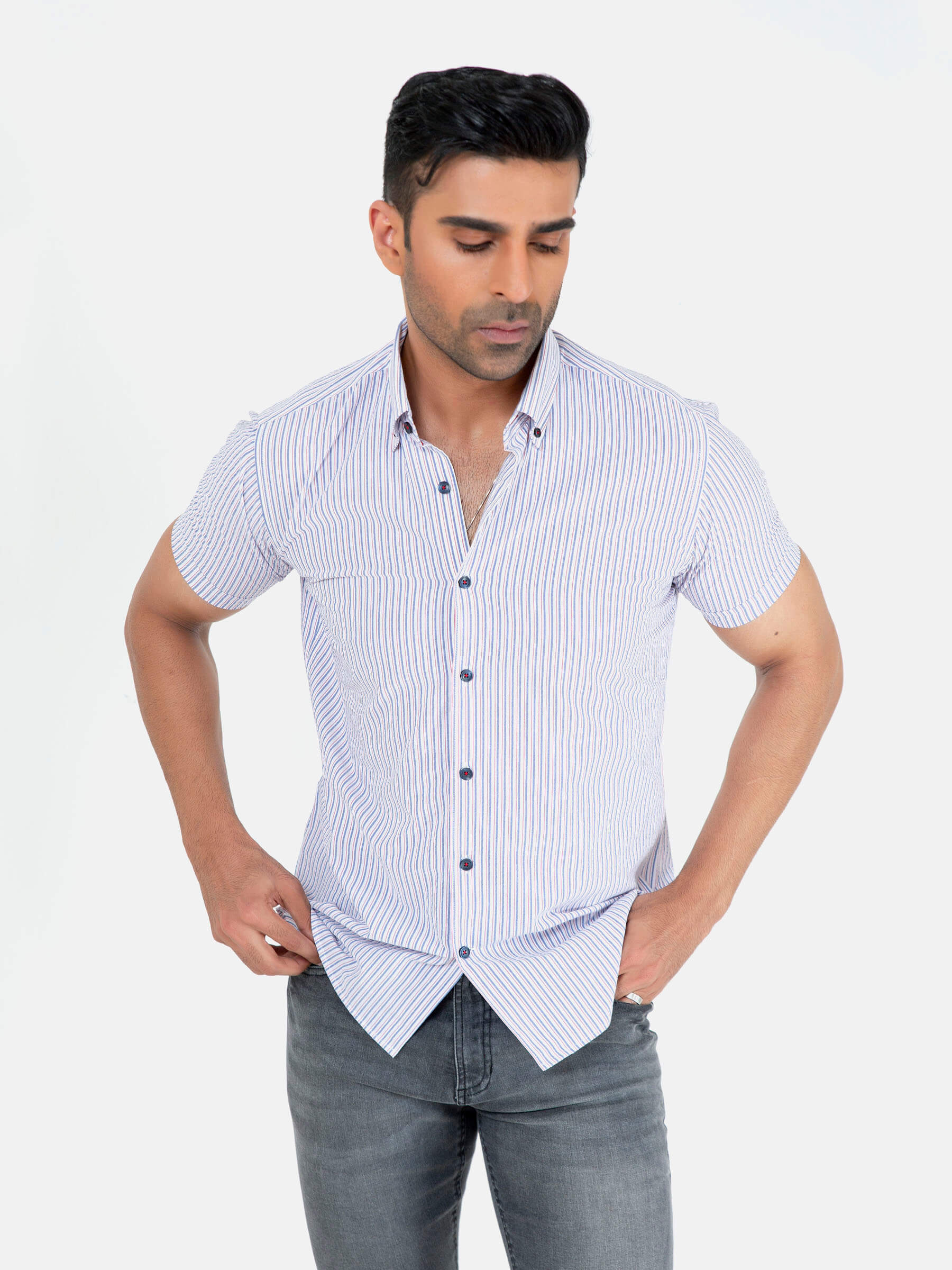 Blue & White Striped Seersucked Half Sleeve Shirt