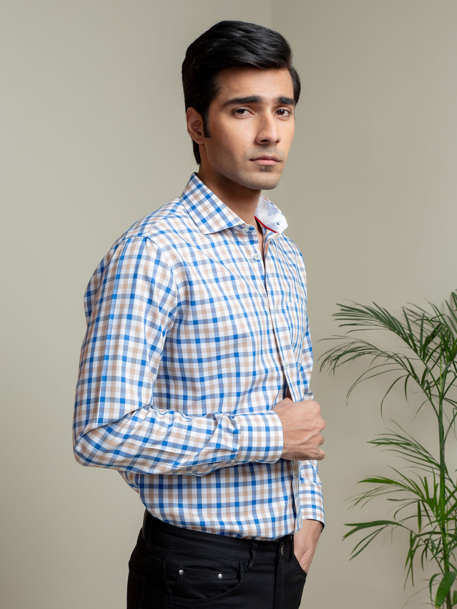 Brown & Blue Gingham Check Formal Shirt