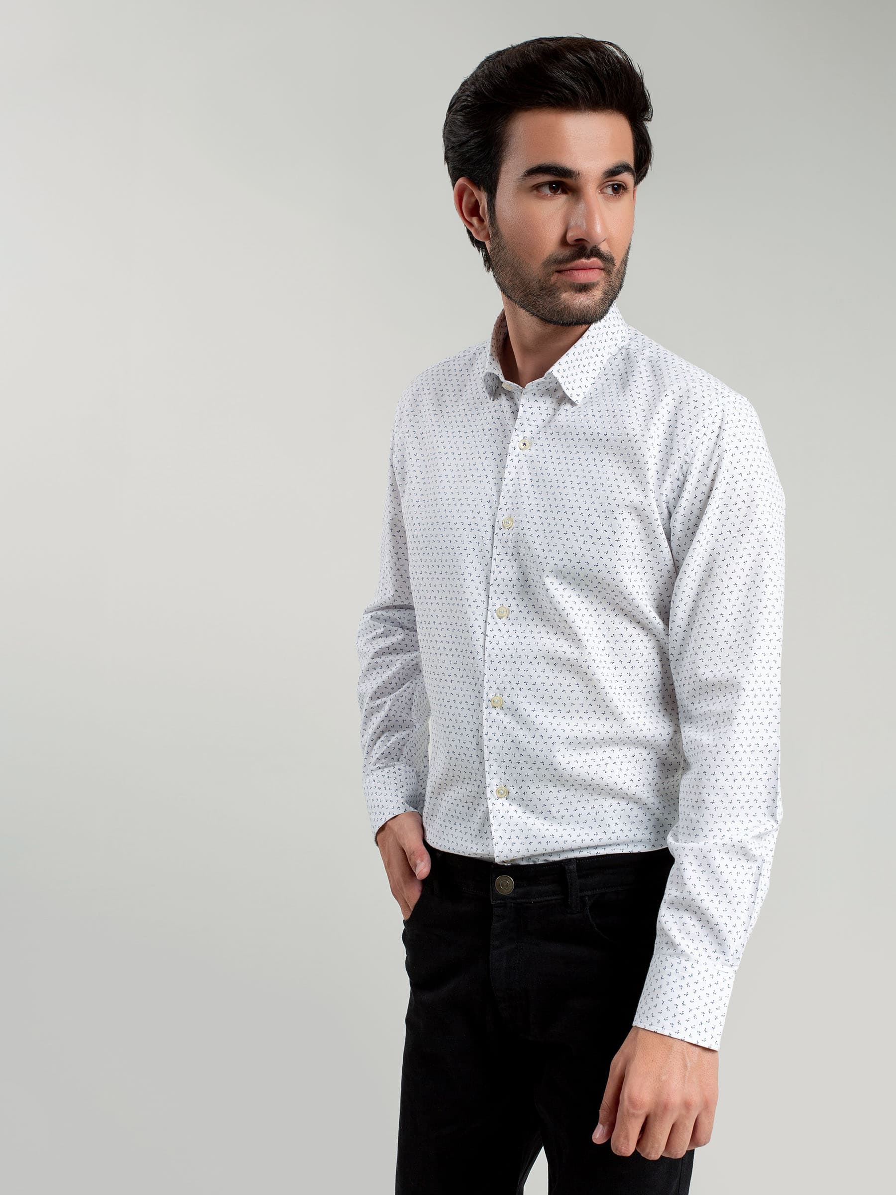 White Printed Shirt With Inside Button Collar