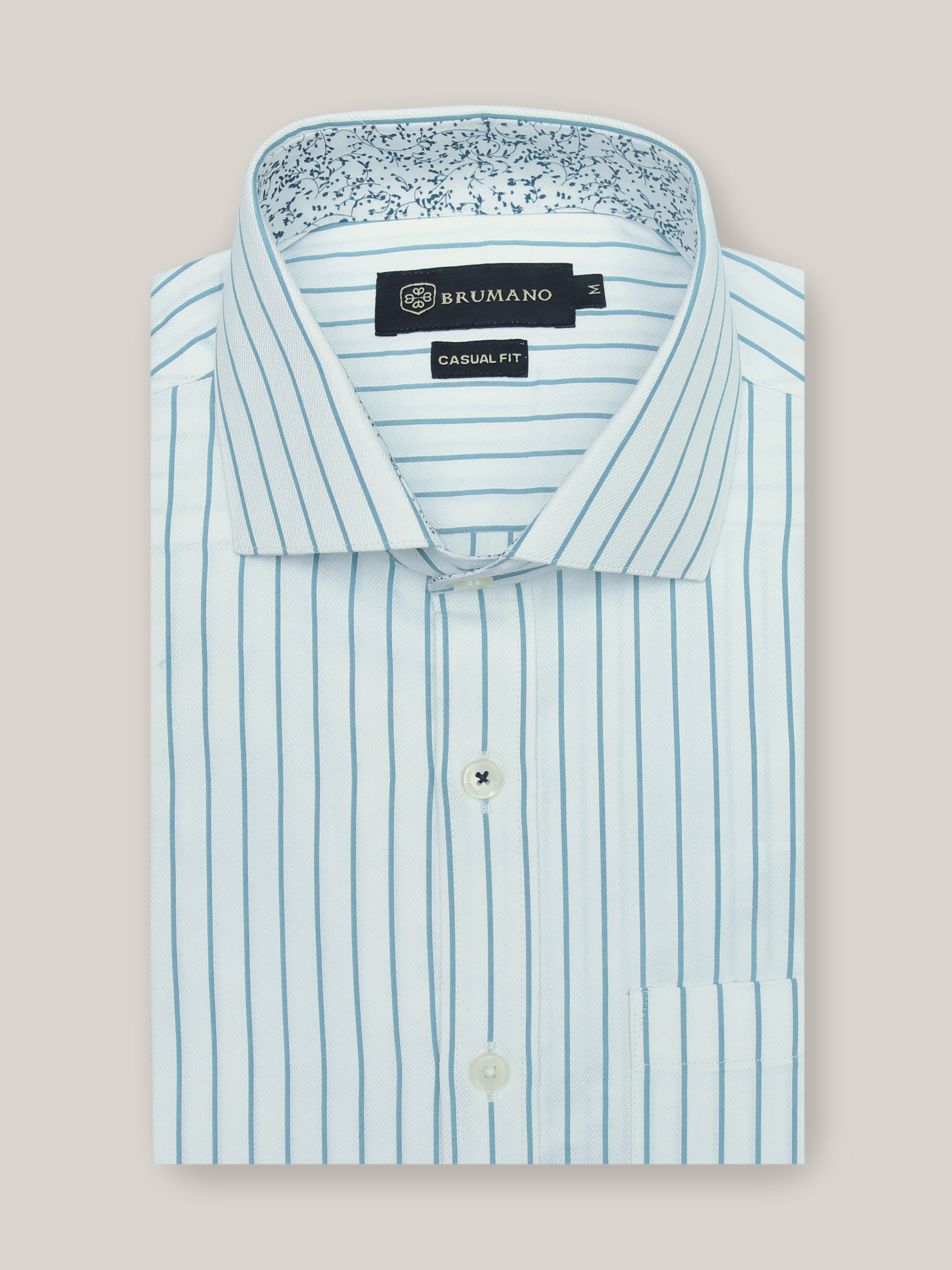 White & Blue Herringbone Shirt With Printed Detailing