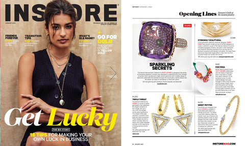 InStore Magazine cover with model and inside page featuring the Monte Ring by Casey Perez