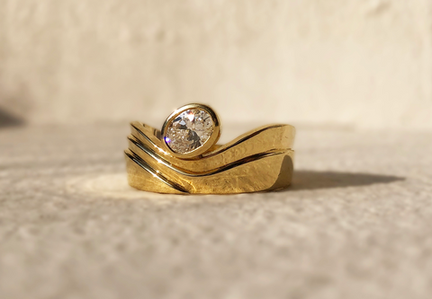 One of a kind gold and diamond Monte ring featuring waved, contoured details for an unexpected yet elevated statement ring. Ring is fully customizable and perfect for the alternative bride looking for an alternative engagement ring.
