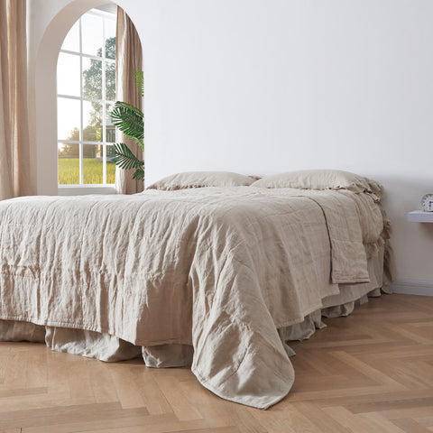 Natural Box Stitched Linen Quilted Bedspread - linenforce