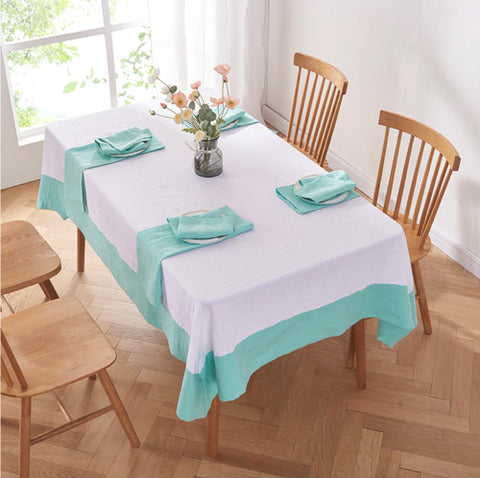 Aqua Green Color Bordered Linen Tablecloth