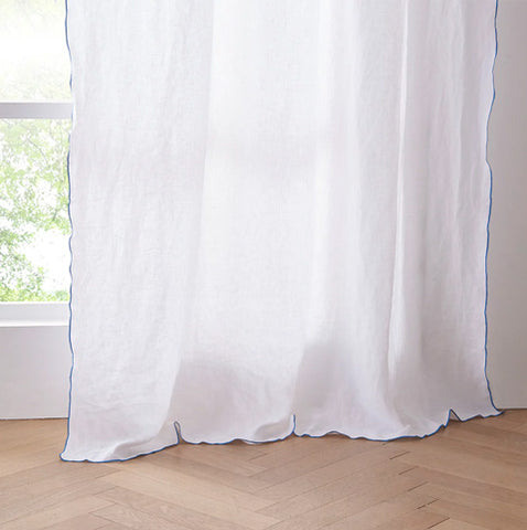 White Linen Curtain with Blue Embroidered Edge