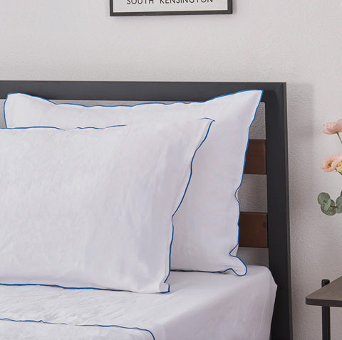 Brilliant Blue Edge Embroidered White Linen Pillowcase Pair