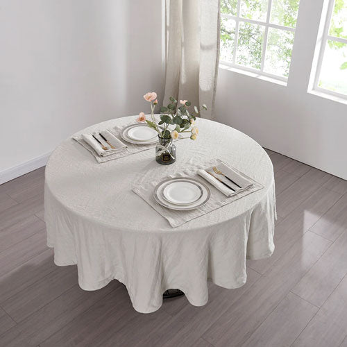 Cool Gray Linen Plain Round Tablecloth on Table