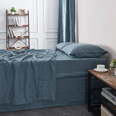 French Blue Linen Flat Sheet on Bed