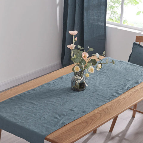 French Blue Linen Table Runner with Flowers