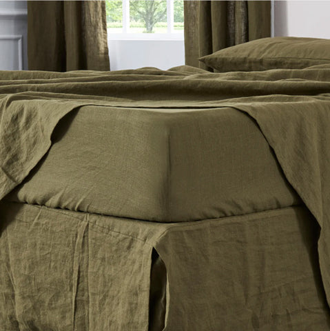 Green Olive Linen Fitted Sheet