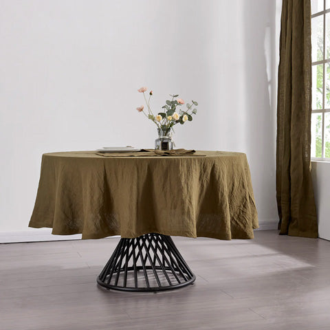 Green Olive Linen Plain Round Tablecloth