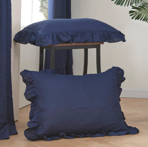 Indigo Blue Linen Pillowcases with Ruffle Hem