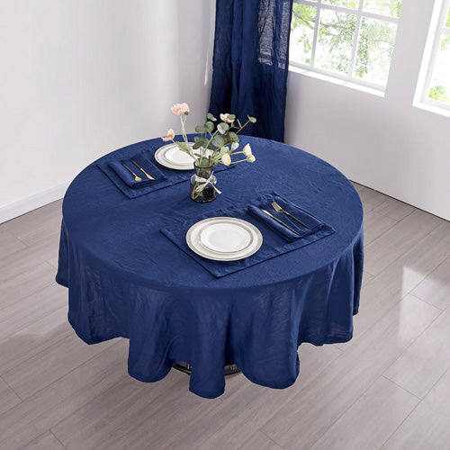 Indigo Blue Linen Plain Round Tablecloth on Table
