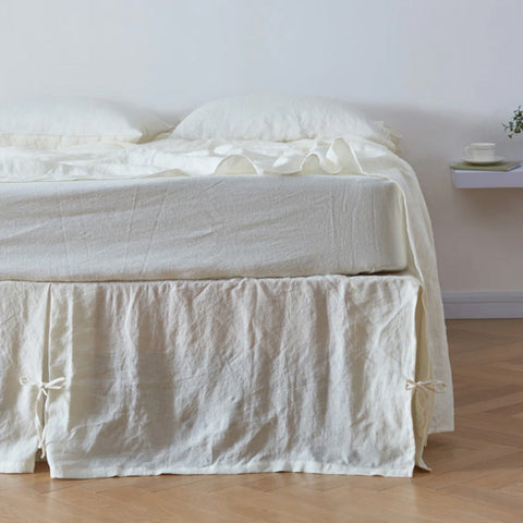 Ivory 100% Linen Side Pleated Bedskirt With Knots