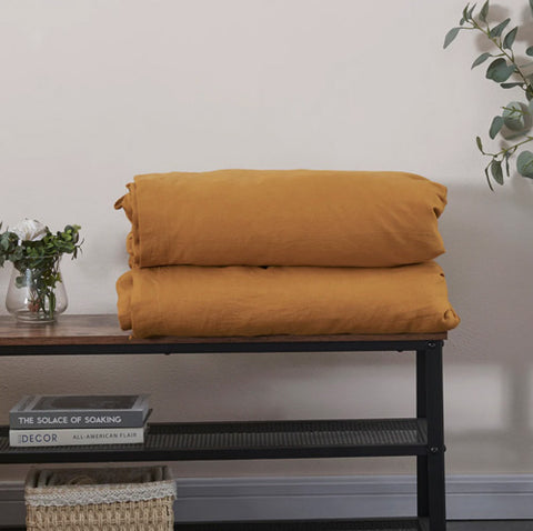 Folded Mustard Linen Duvet Cover With Ties