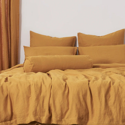 Mustard Buttoned Linen Bolster Pillow