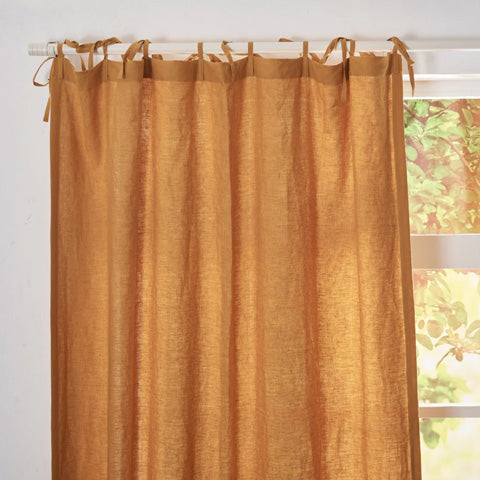 Mustard Linen Curtain With Tie Top