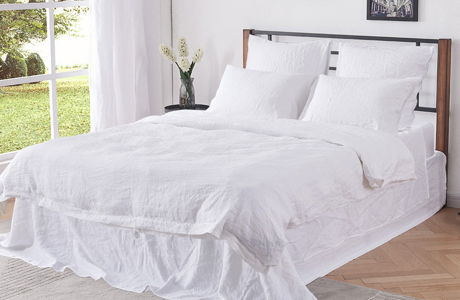 Optic White Linen Sheet Set on Bed