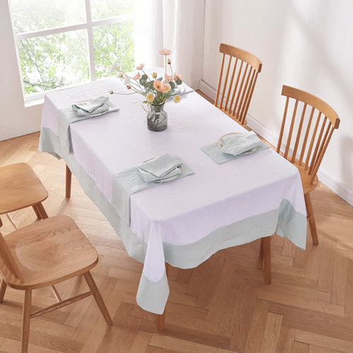 Pale Blue Color Bordered Linen Tablecloth with Table Setting