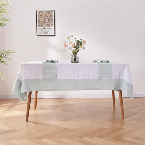 Pale Blue Color Bordered Linen Tablecloth