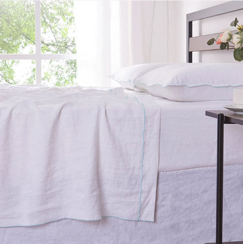 Pale Blue Edge Embroidered Linen Flat Sheet