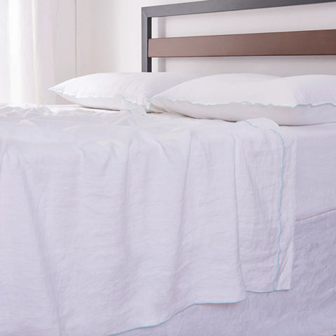 White Linen Flat Sheet with Pale Blue Edge