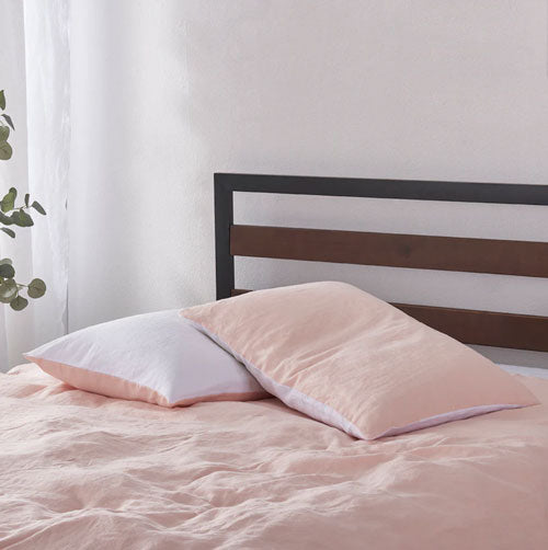 Two Tones Linen Pillowcases Pair Peach and White