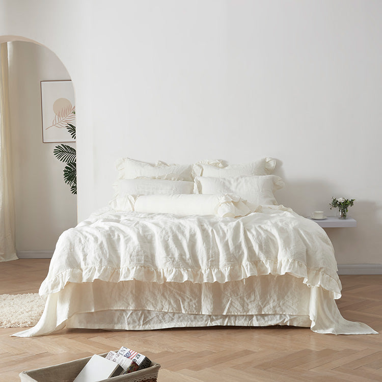 Ivory 100% Linen Ruffle Hem Duvet Cover