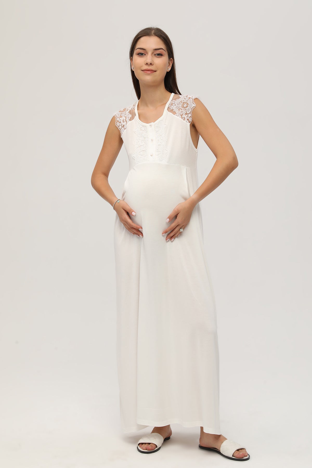 Shopymommy 18429 Lace Strappy Maternity & Nursing Nightgown With Robe Set  Ecru