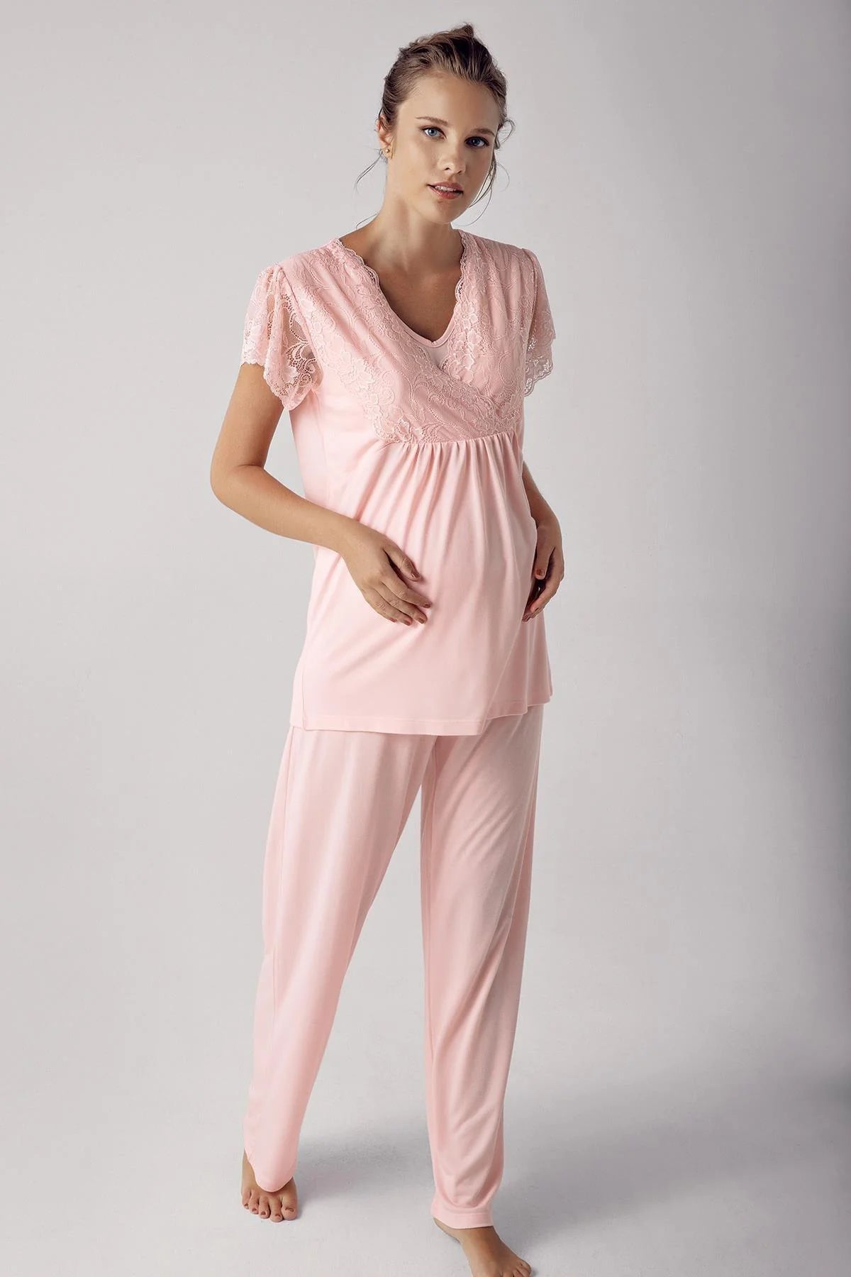 Shopymommy 14205 Striped V-Neck Maternity & Nursing Pajamas Beige