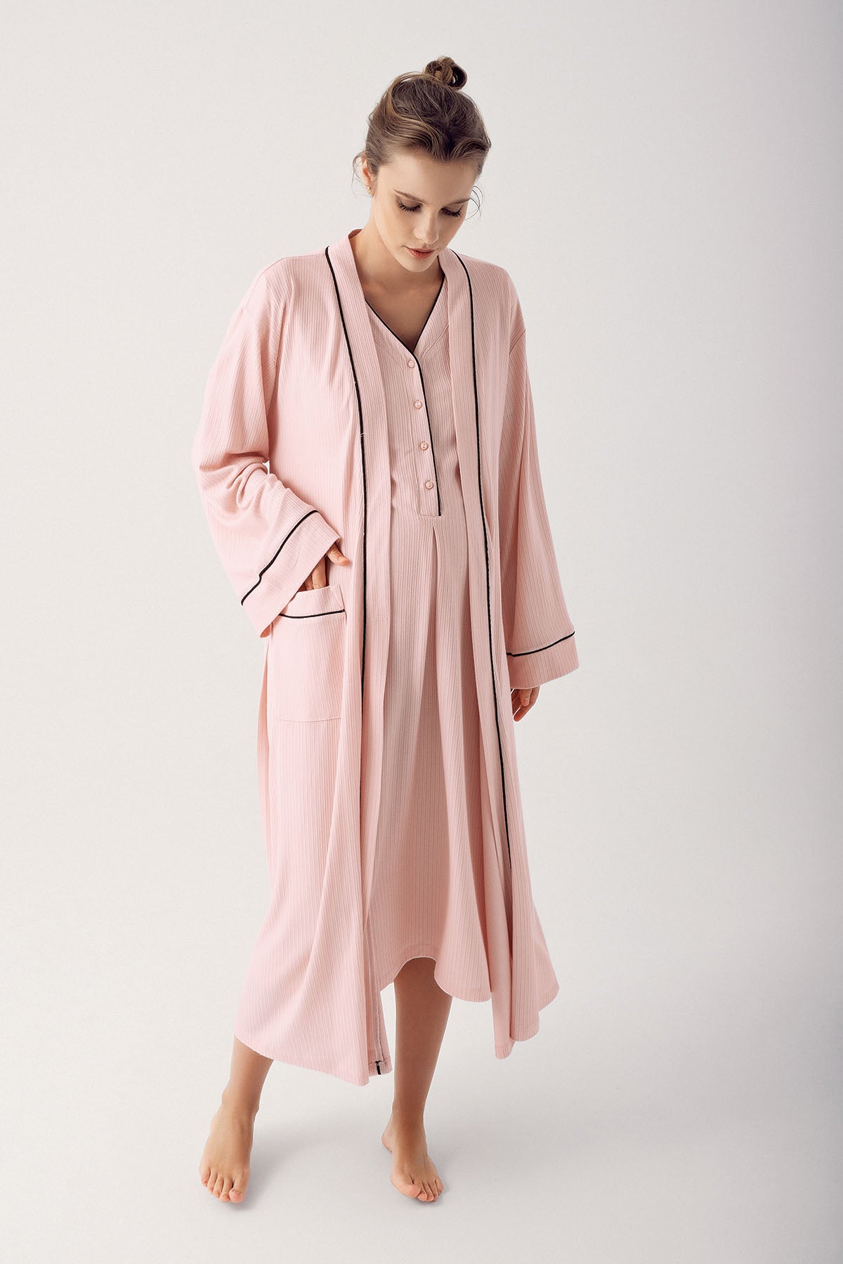 Shopymommy 14127 Breastfeeding Detailed Maternity & Nursing Nightgown Powder