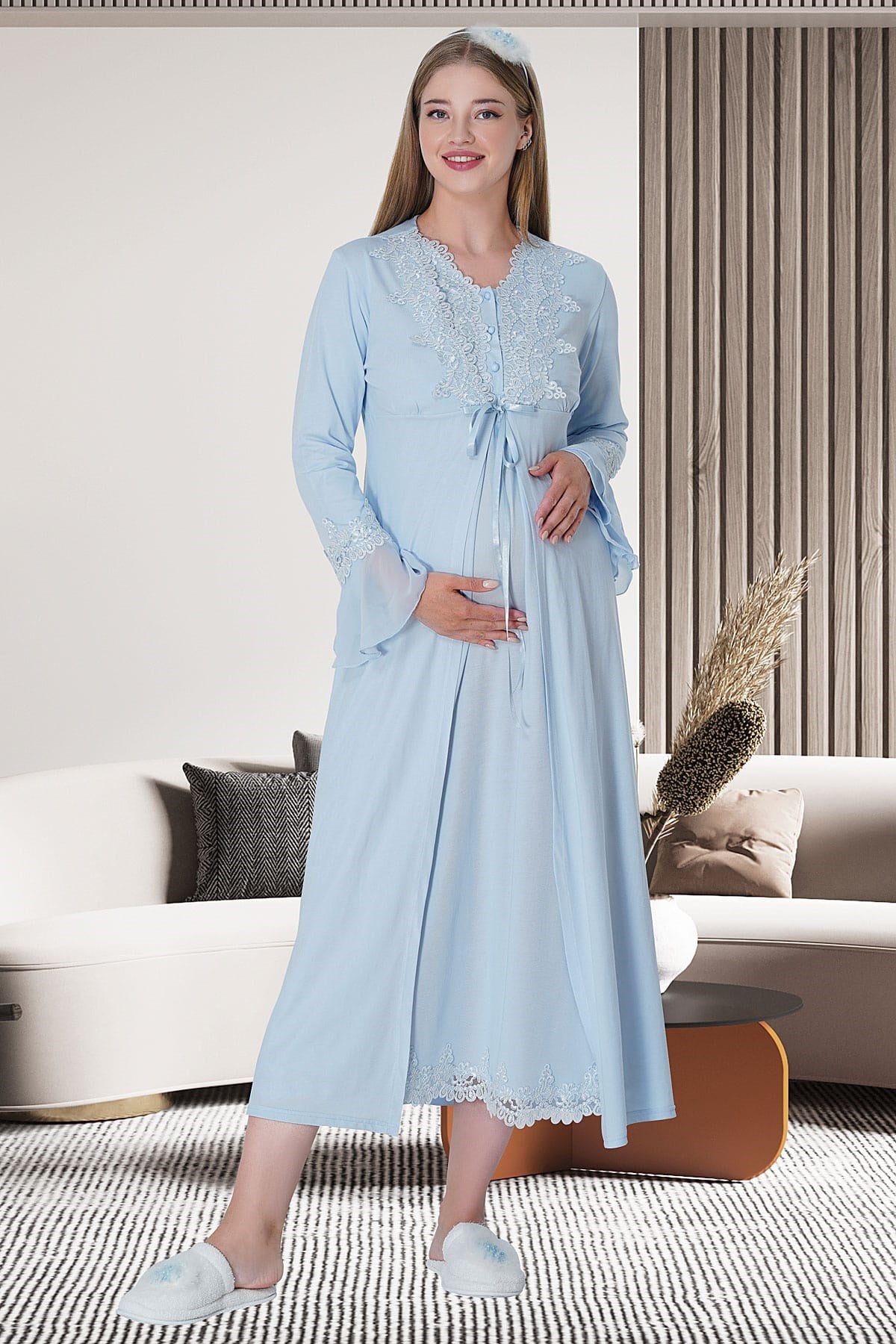 Shopymommy 5807 Lace Collar Maternity & Nursing Nightgown With Patterned  Robe Powder