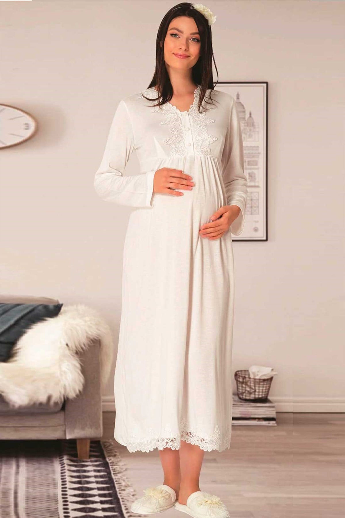 Shopymommy 11113 Woven Long Sleeve Maternity & Nursing Nightgown