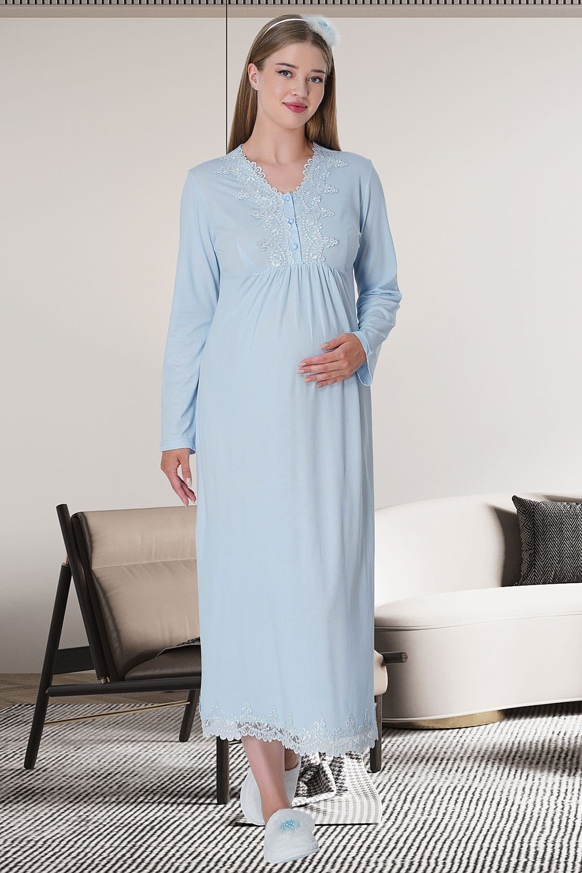 Shopymommy 11113 Woven Long Sleeve Maternity & Nursing Nightgown