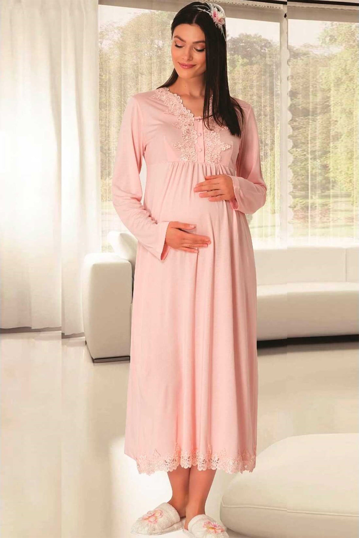 Shopymommy 5807 Lace Collar Maternity & Nursing Nightgown With Patterned  Robe Powder