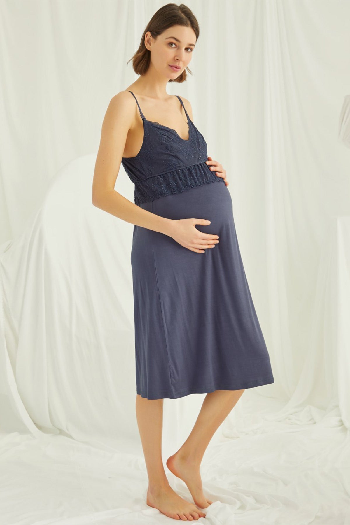 Shopymommy 18470 Lace Strappy Maternity & Nursing Nightgown With Robe