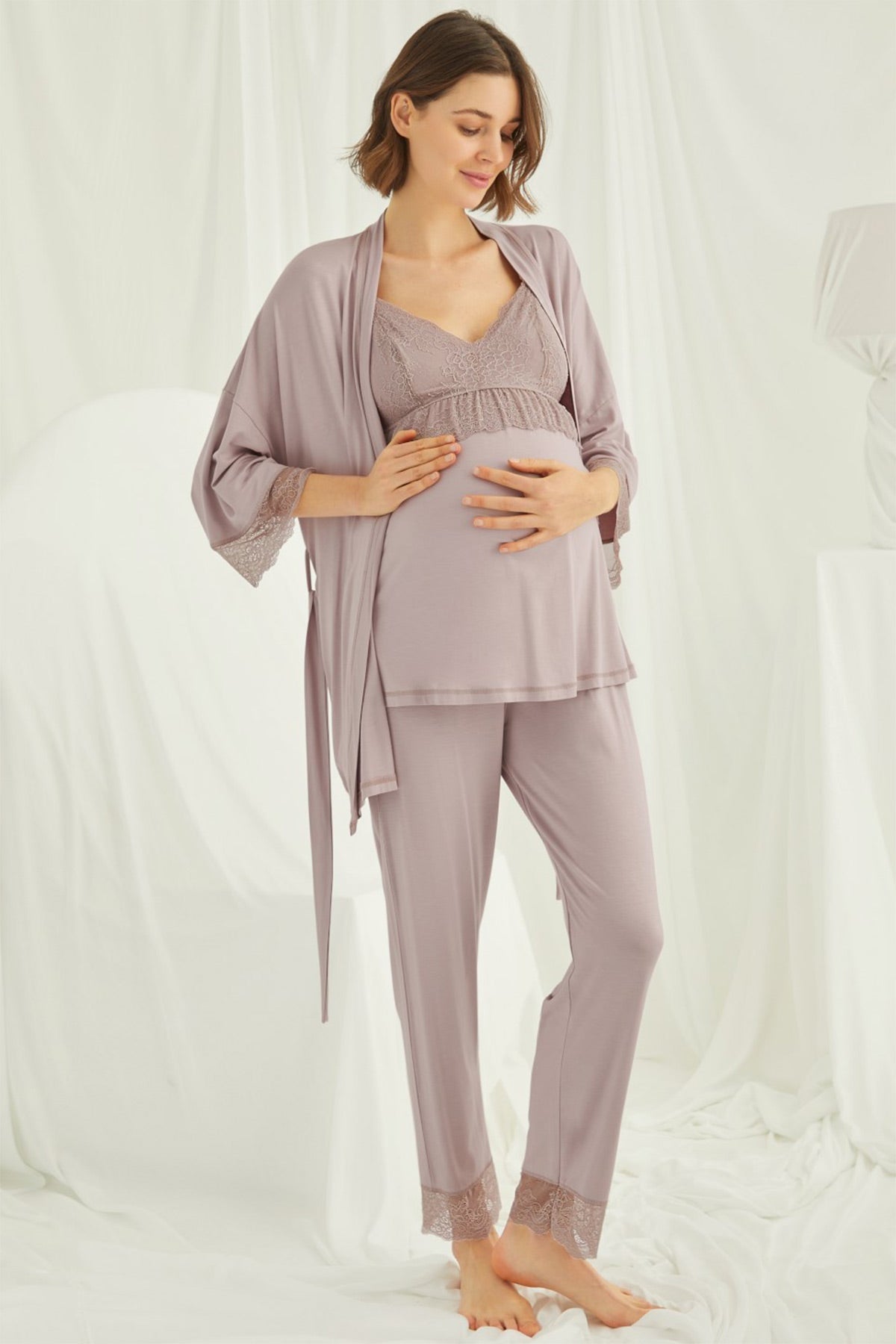 Shopymommy 24165 Velvet Lace Maternity & Nursing Nightgown Black