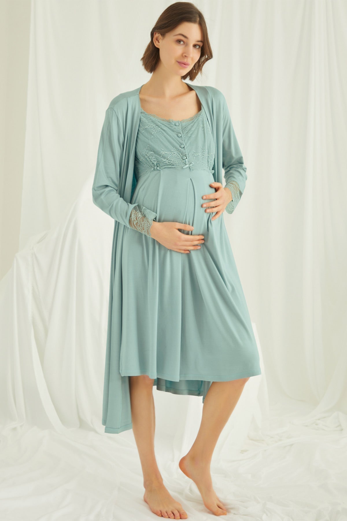 Shopymommy 5807 Lace Collar Maternity & Nursing Nightgown With Patterned  Robe Powder