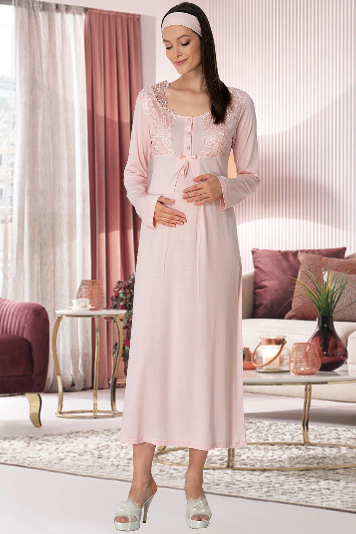 Shopymommy 4324 Lace Collar Maternity & Nursing Nightgown With Pattern