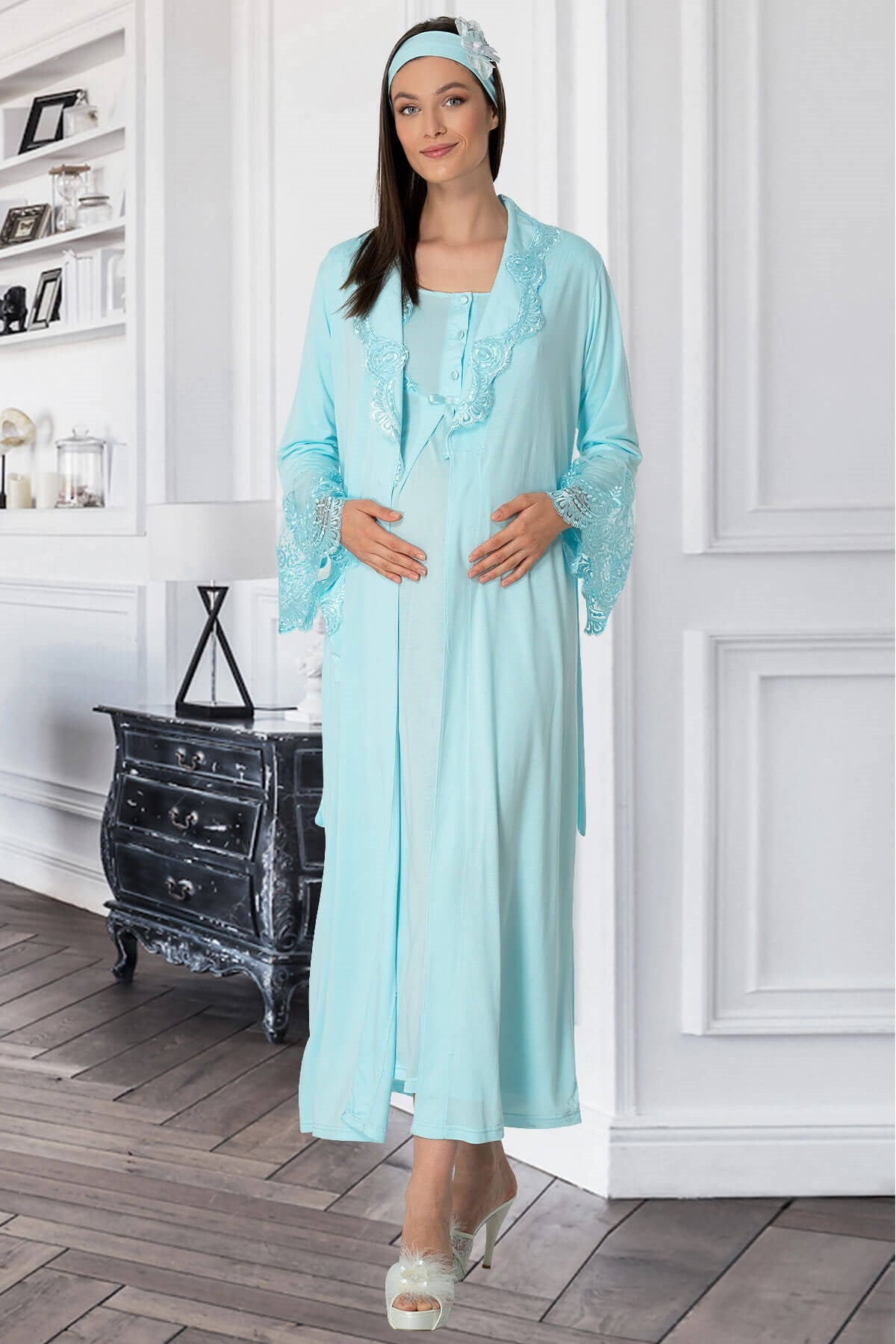 Shopymommy 5354 Lace Collar Maternity & Nursing Nightgown With Robe Po