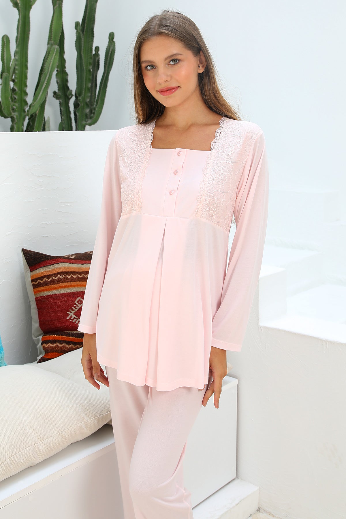 Shopymommy 2259 Lace Collar Maternity & Nursing Nightgown With Flywheel Arm  Robe Dried Rose