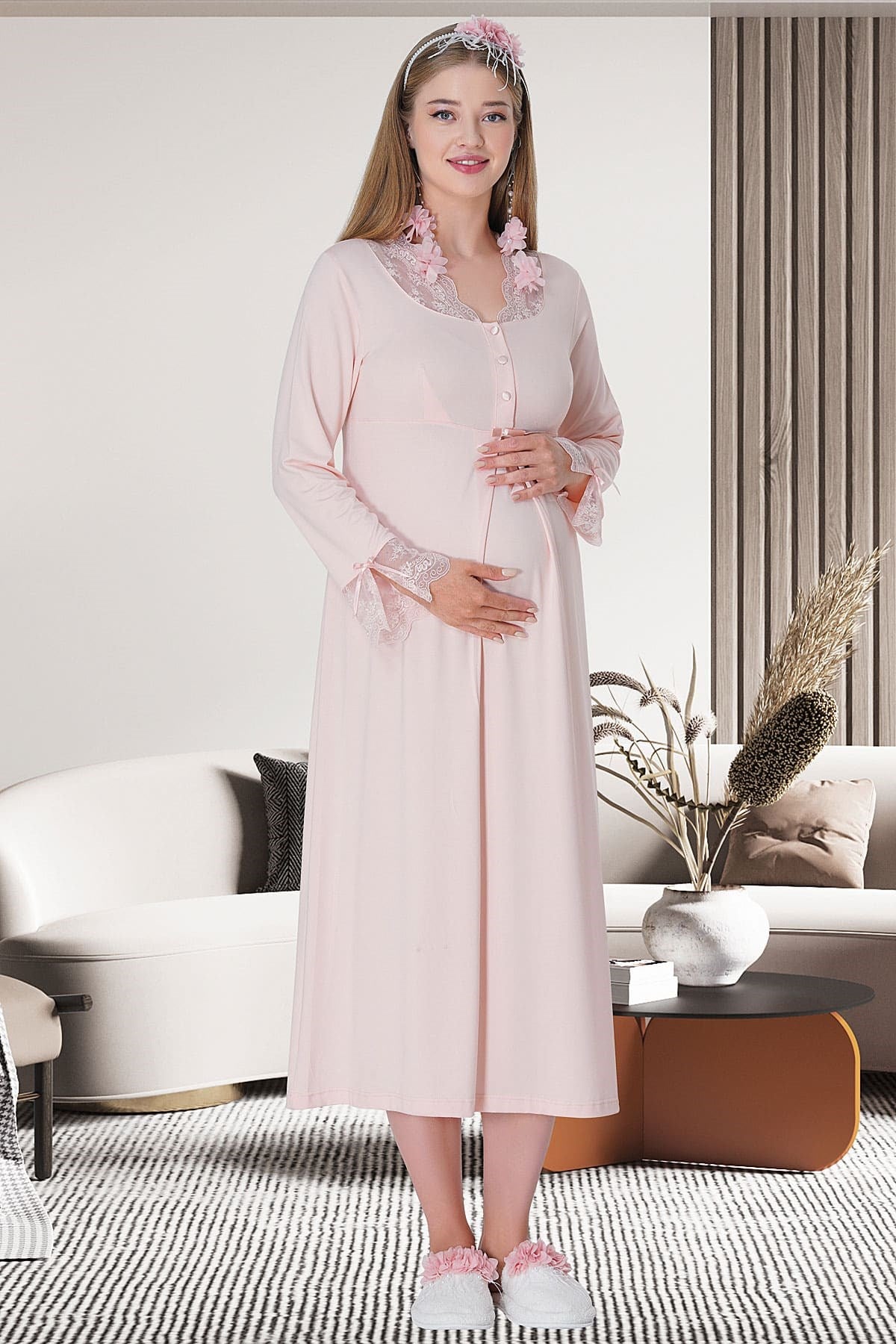 Shopymommy 11113 Woven Long Sleeve Maternity & Nursing Nightgown