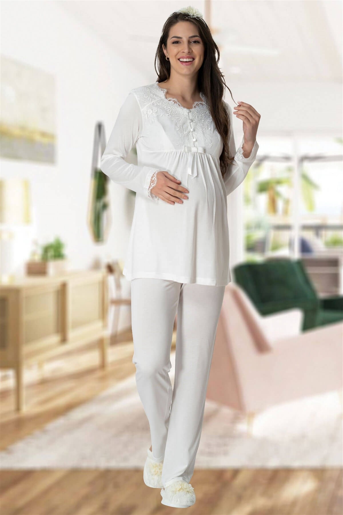 Shopymommy 5414 Elegant Lace Maternity & Nursing Pajamas Blue