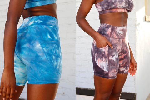 rachel pocket shorts, women's running shorts with pockets, in colors "swimming pool" and "summer storm"