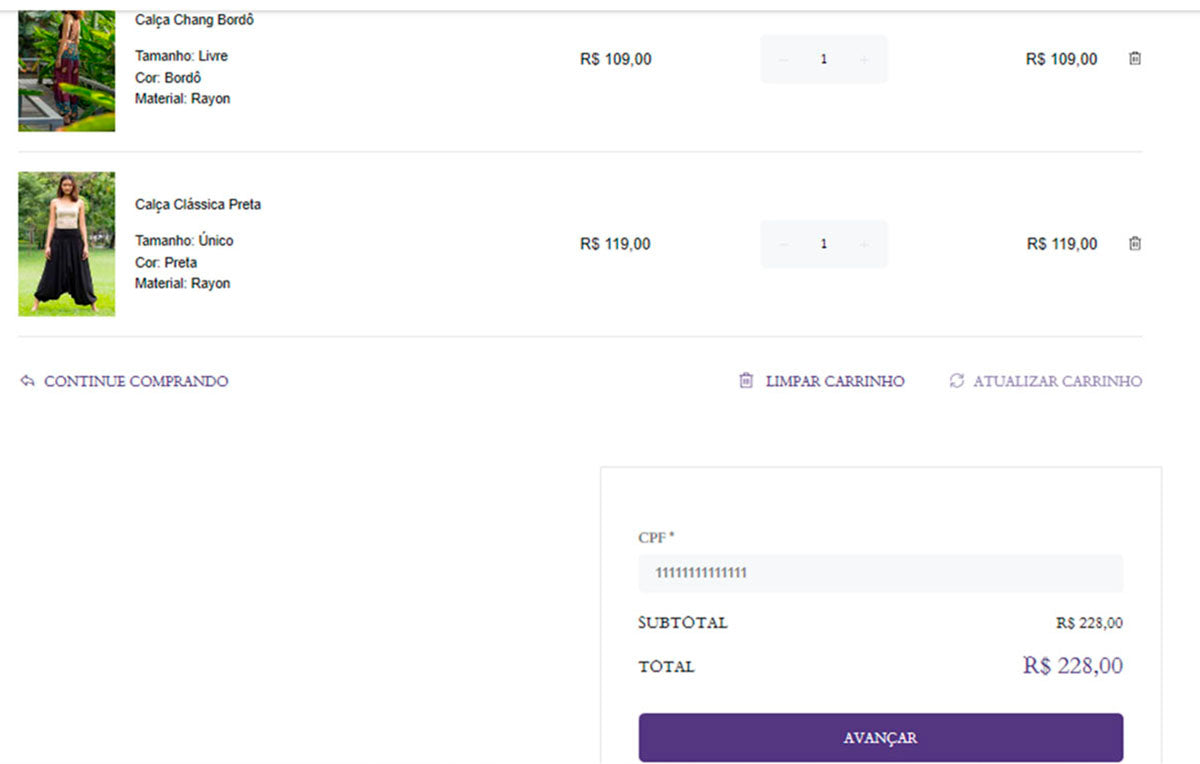 carrinho de compras e checkout da loja de roupas calça thai