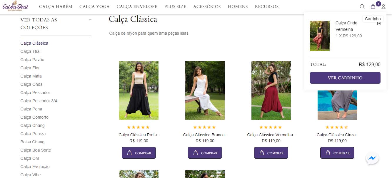 carrinho de compras no site da loja de roupas tailandesas Calça Thai