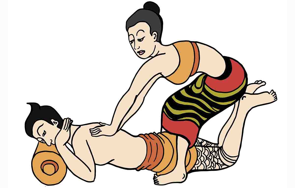 ilustração de mulher fazendo massagem tailandesa em um homem